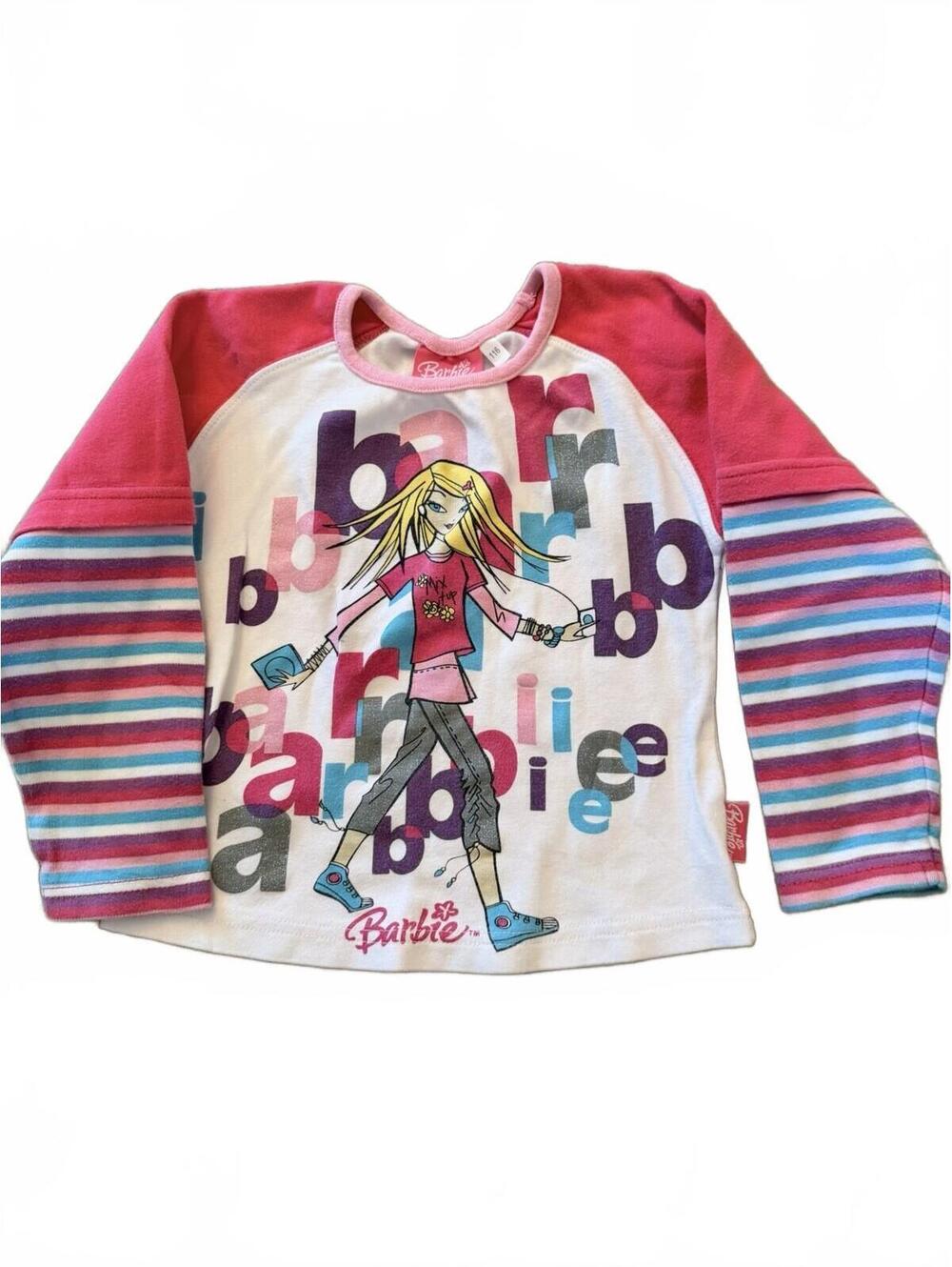 Vintage 2005 Barbie Raglan Long Sleeve Graphic Shirt Y2K Girls Size 5T Striped